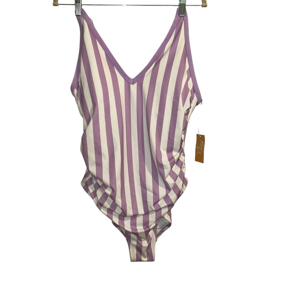 Kona Sol Purple White Striped One Piece Swimsuit Size 16W NWT